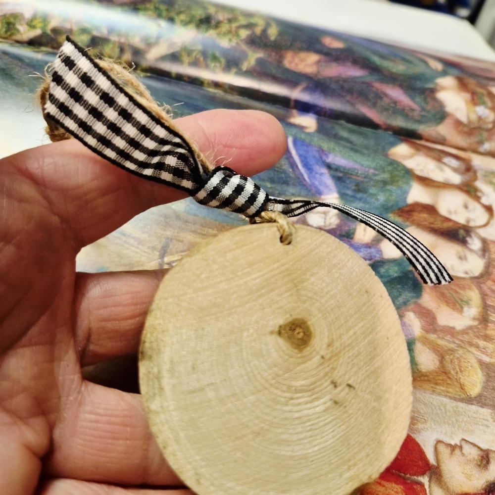 Handcrafted  Wooden Round Christams  Ornament with Black and White Design - Picture 5 of 10